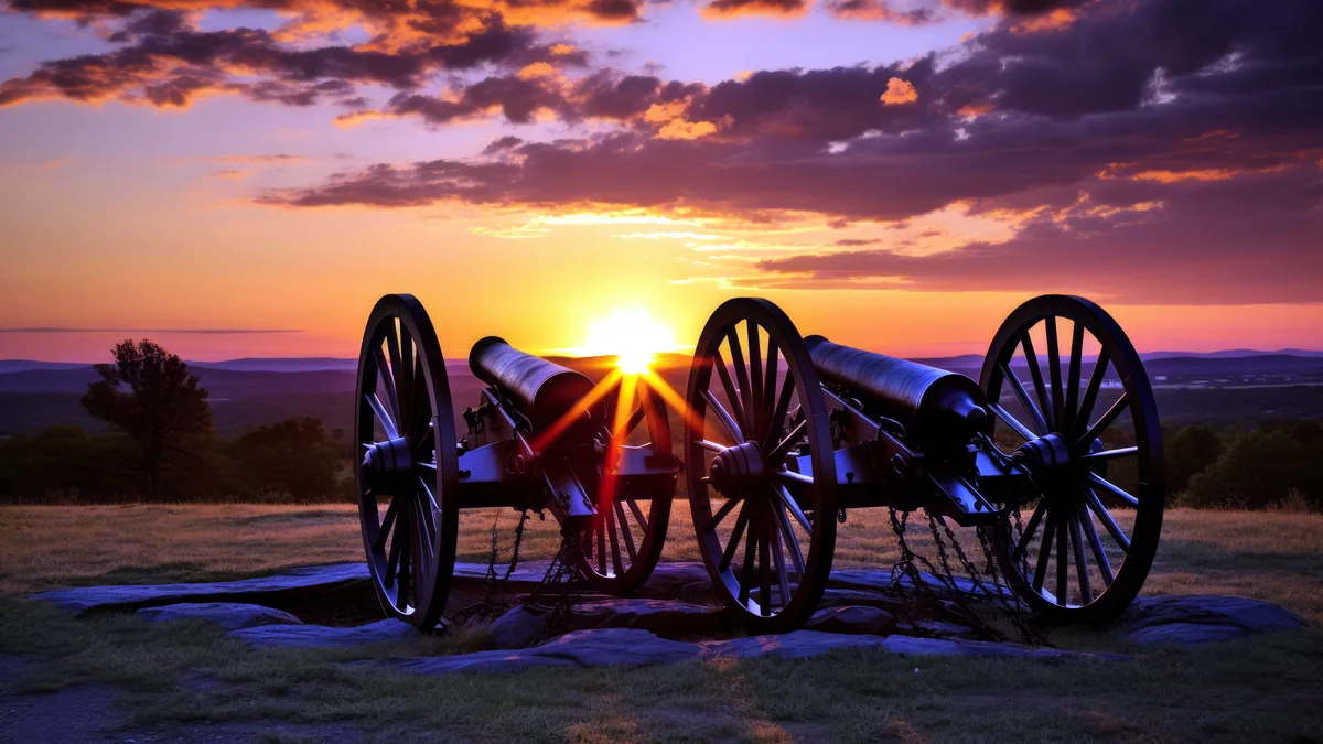 An old iron cannon silhouetted against a pale dawn sky on a field.