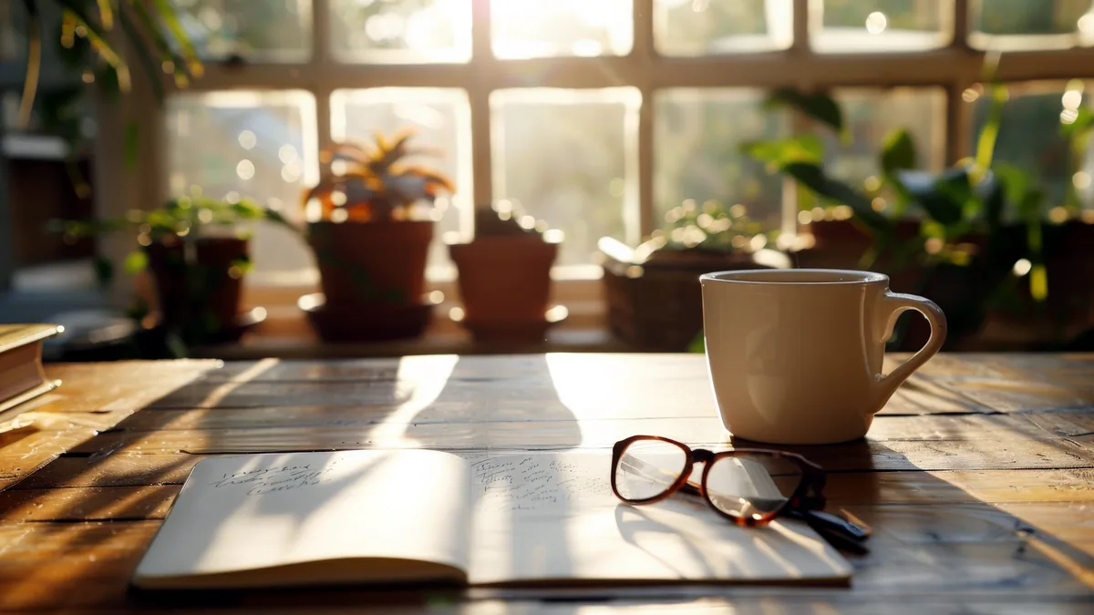A wooden writing desk beside a bright window, morning light falling across the page.