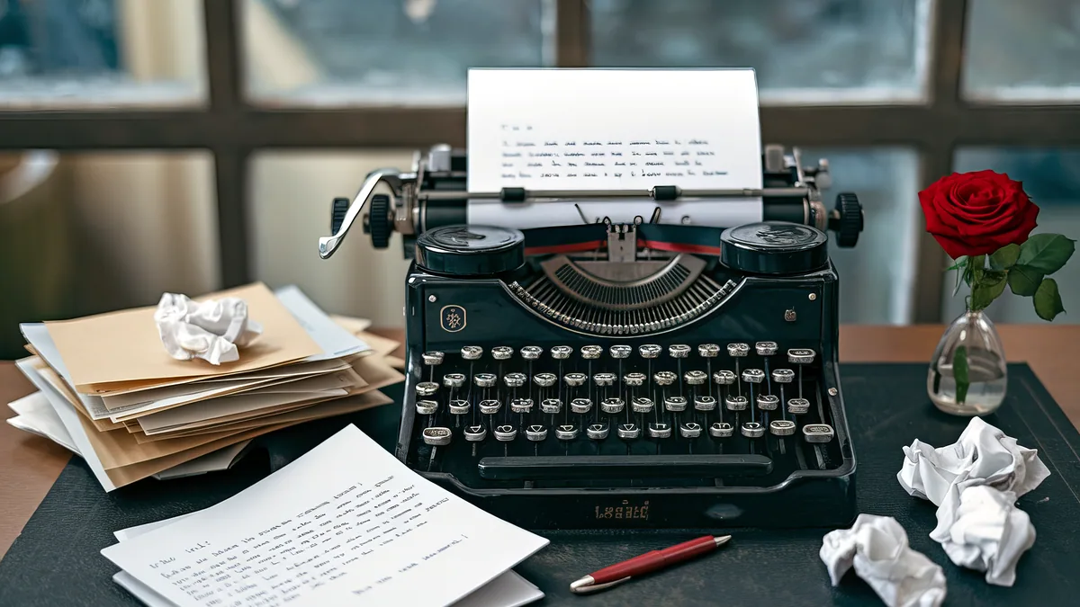 A vintage typewriter with a sheet of paper on a desk.
