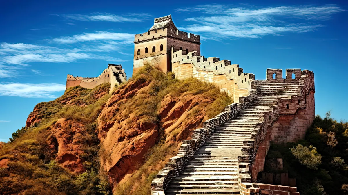 The ancient great wall winding across misty green mountains.