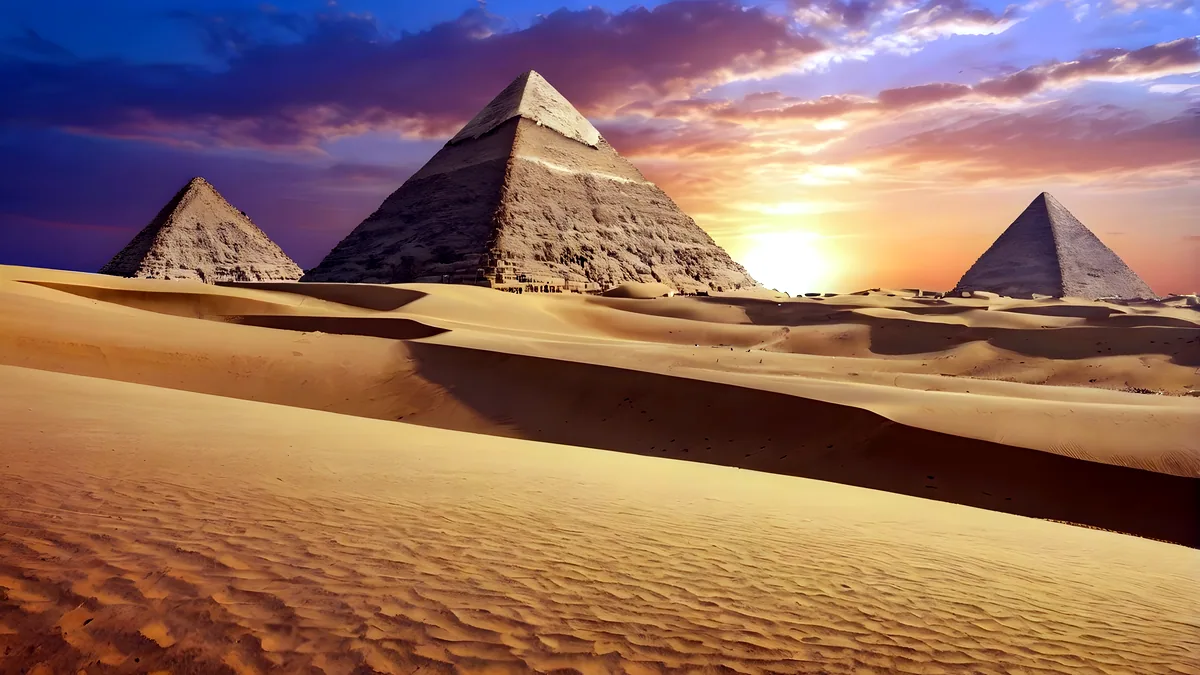 The great pyramids glowing in the last light of the afternoon.