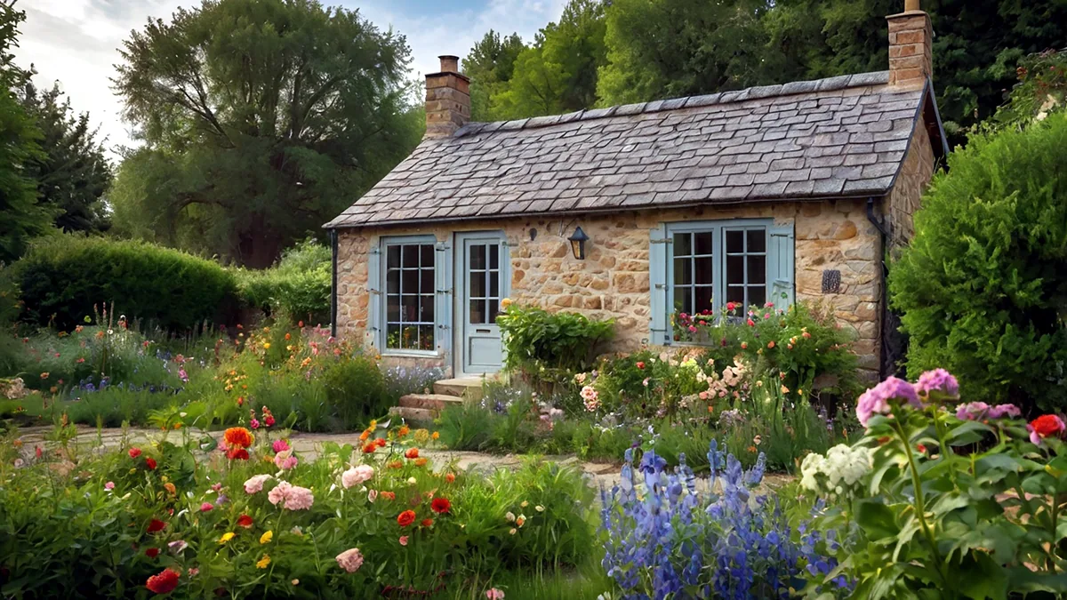 A stone cottage with a thatched roof standing in a green english field.