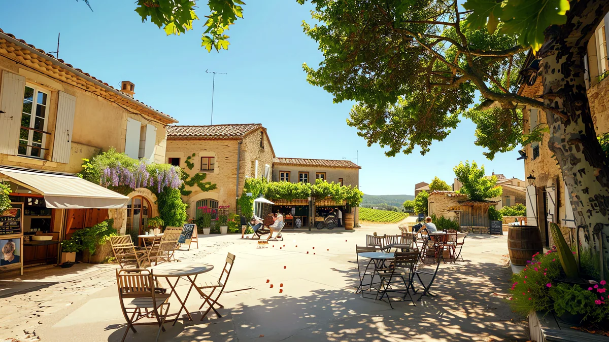 A french village square with cafe tables and a fountain at noon.