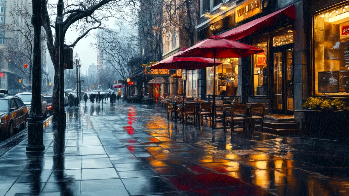 A rain-soaked street with old cars parked in front of shop windows.