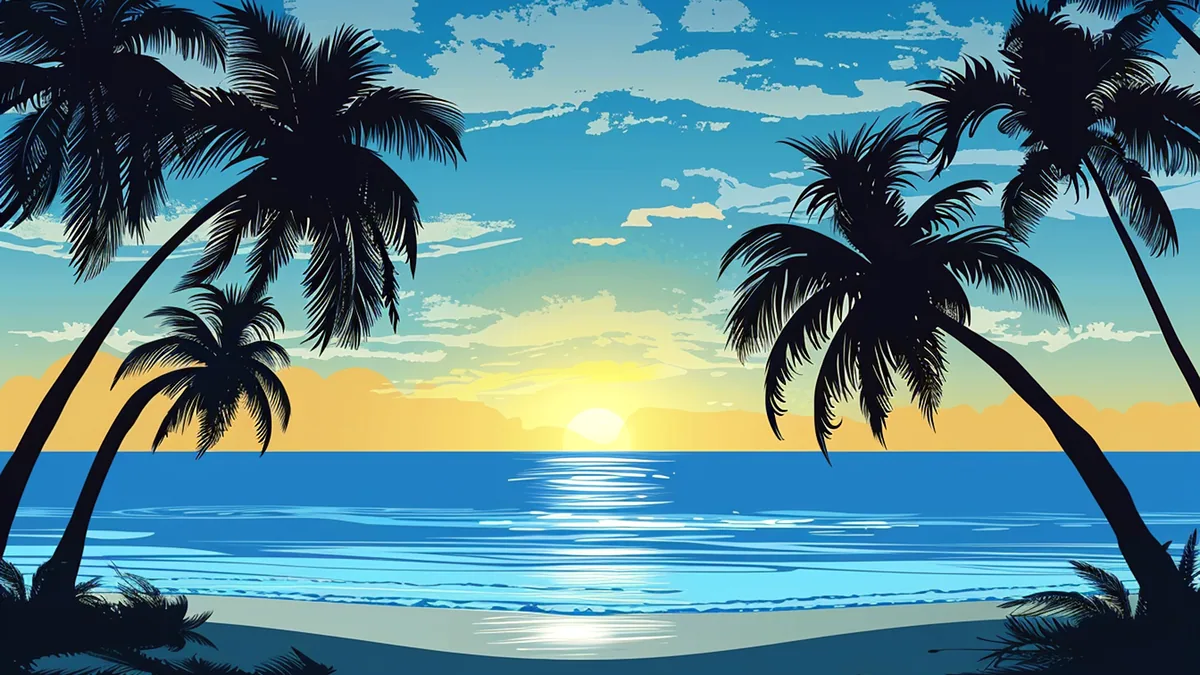Palm trees leaning over a calm turquoise hawaiian bay.