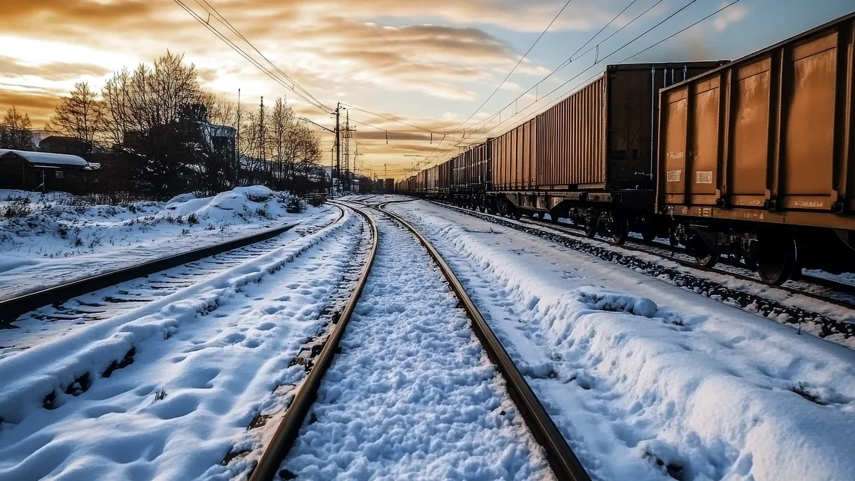 Old railway tracks disappearing into snow under an overcast winter sky.