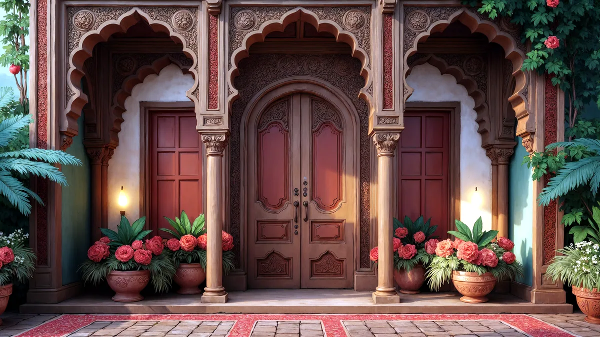 A stone courtyard with tall arches in an old indian palace.