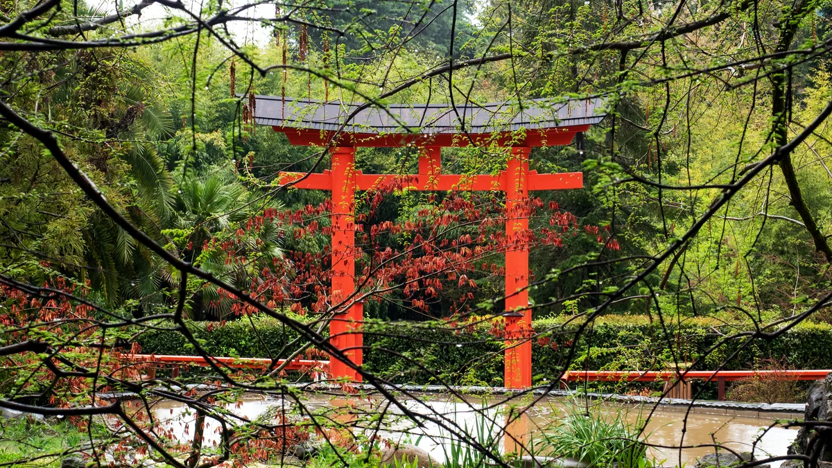 Red torii gates standing in soft rain with mist in the air.