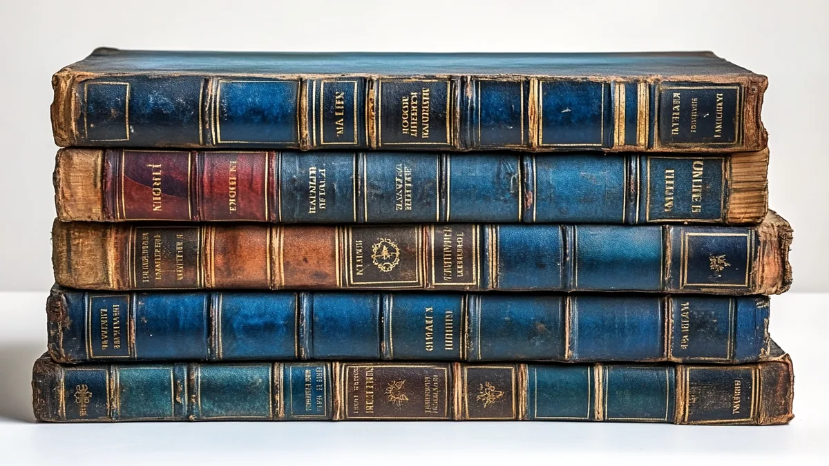 A tall stack of hardcover books with worn covers on a shelf.