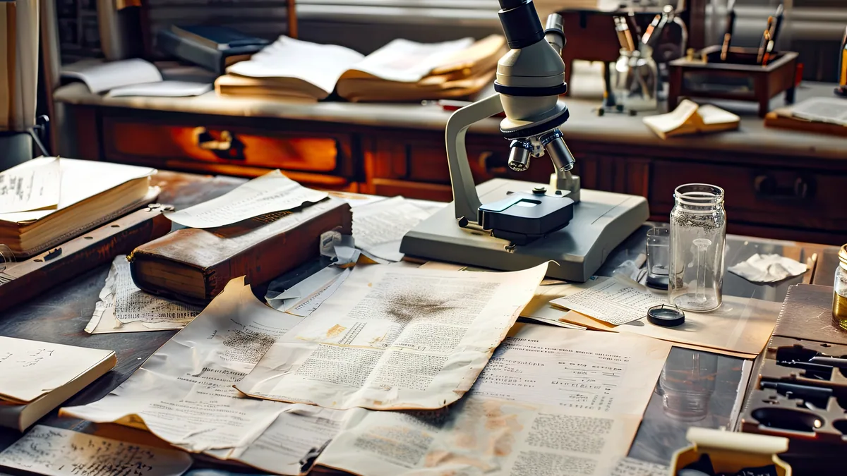 An old brass microscope beside letters and yellowed documents on a desk.