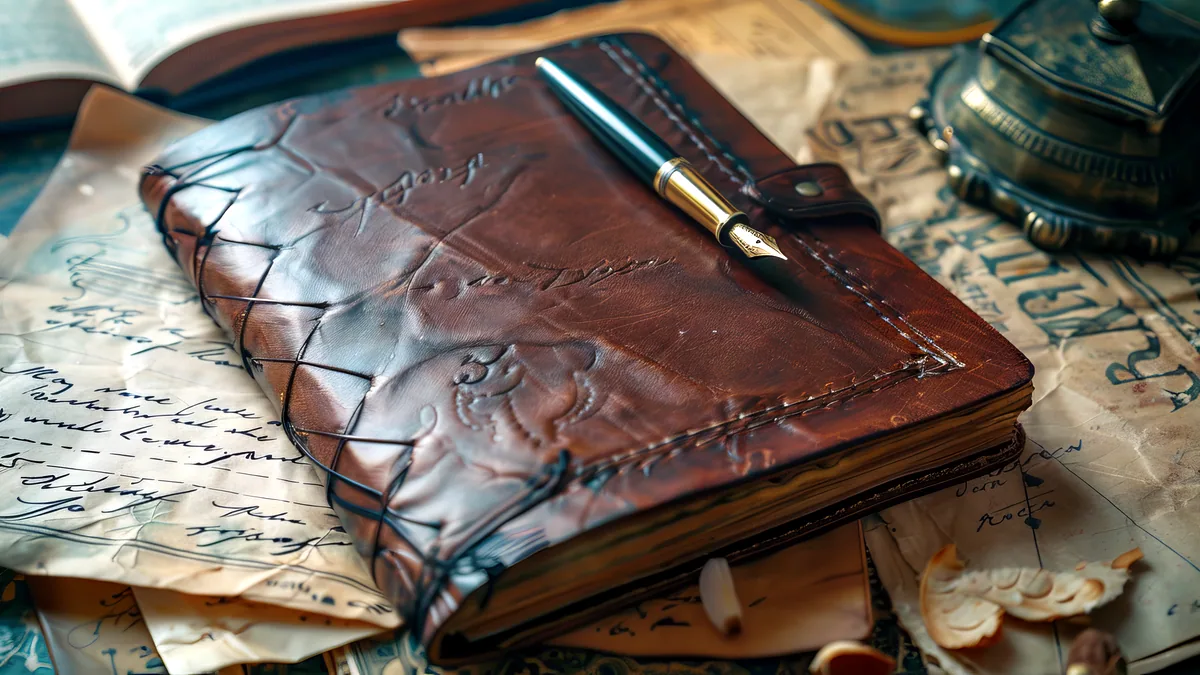 An open leather journal filled with handwritten notes, resting on a desk.