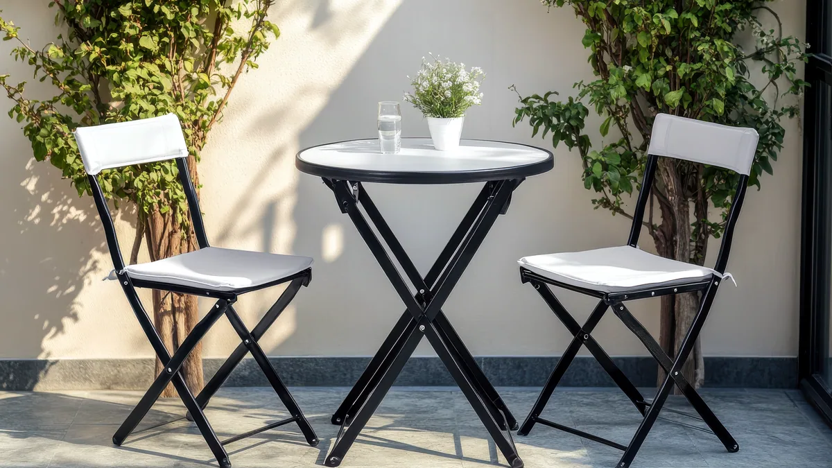 A small iron garden table set for two under a dusk sky.