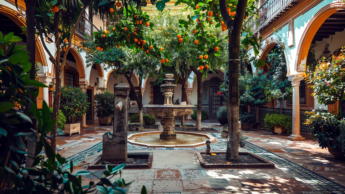 A sunlit spanish plaza with orange trees and tiled walls.